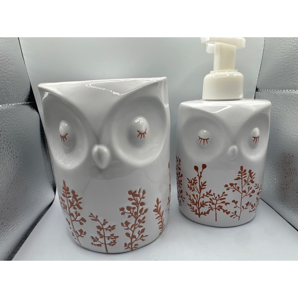 Bath & Body Works White Ceramic Owl 3-Wick Candle Holder & Soap Dispenser Set